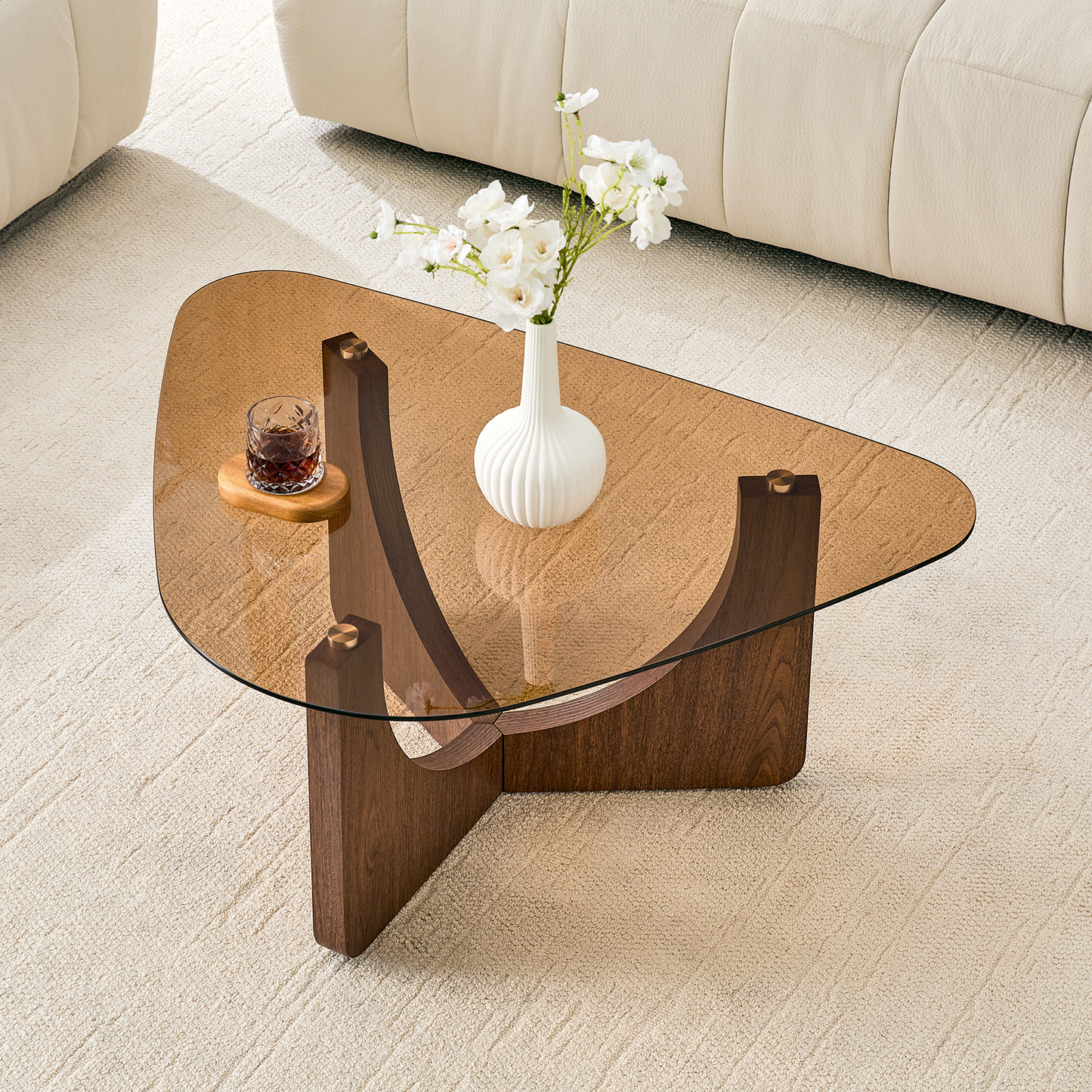 Vintage Triangular Coffee Table with Tempered Glass Top