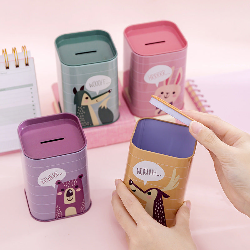 Square Metal Piggy Bank - Animal & Little Girl Series, Coin & Pen Storage
