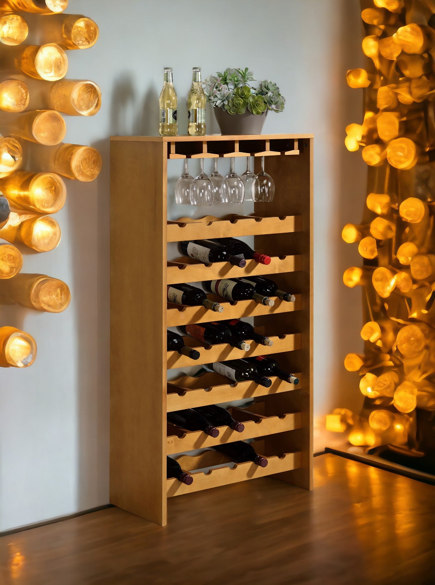 Hanzi Oak Finish Wine Rack - 35 Bottle Capacity with Cup Holders