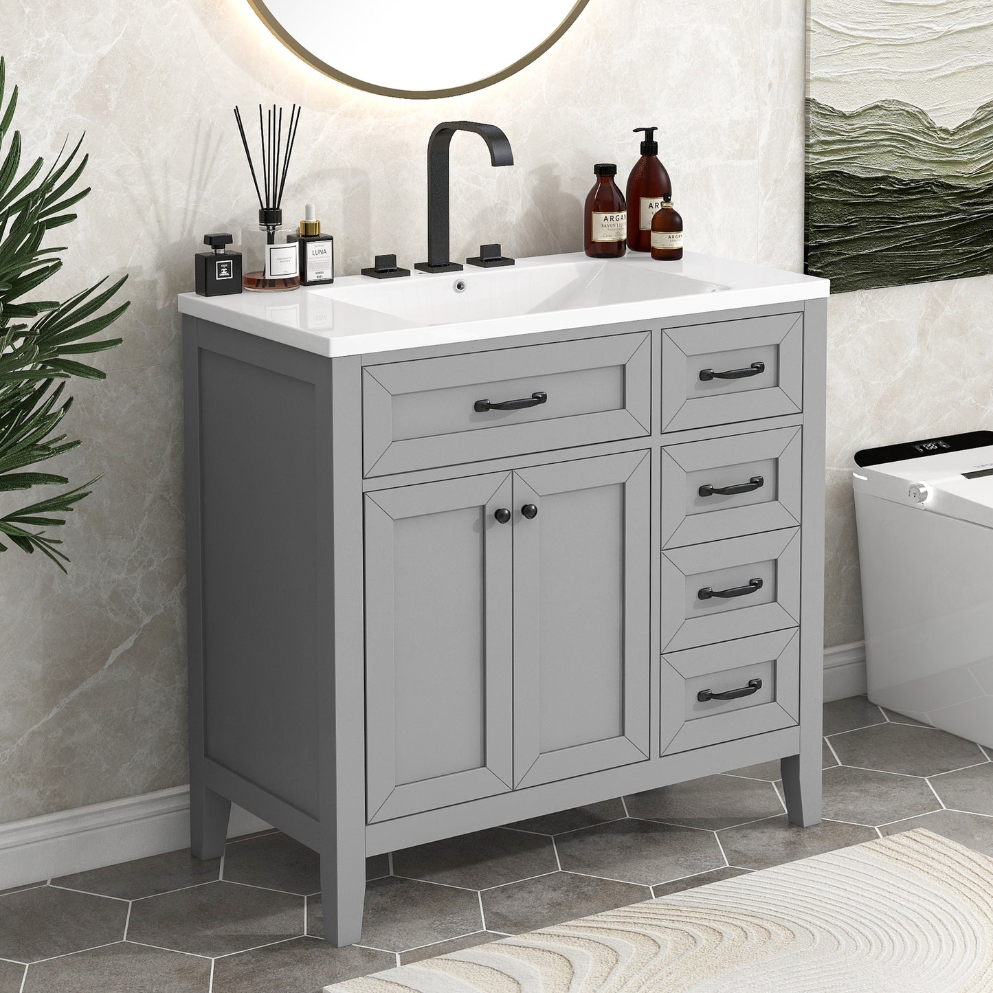 36" Bathroom Vanity with Sink Combo - Grey Cabinet with Drawers