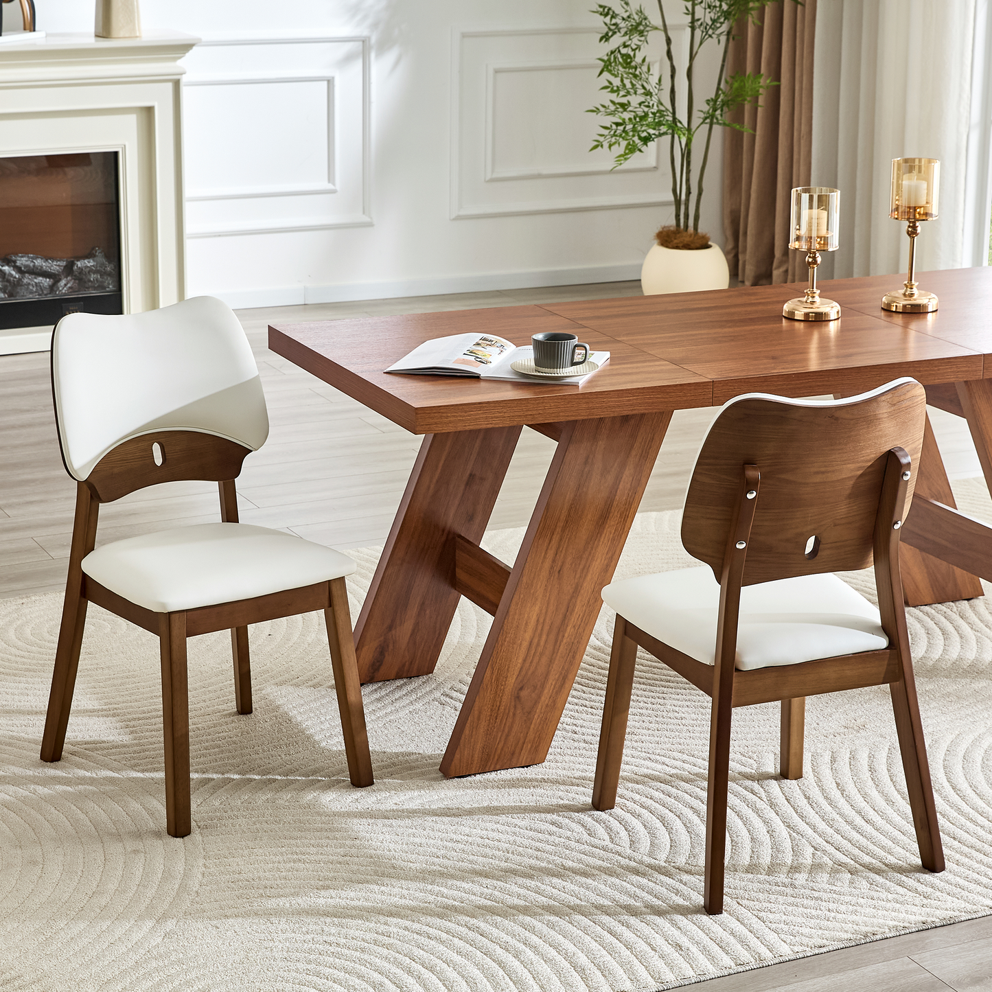2 Walnut Colored Solid Wood Dining Chairs, With White PU Soft