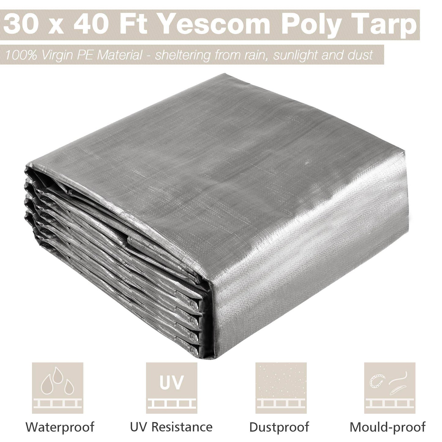 Heavy Duty Poly Tarp 30x40ft Waterproof UV-Resistant Silver Black Shelter Cover