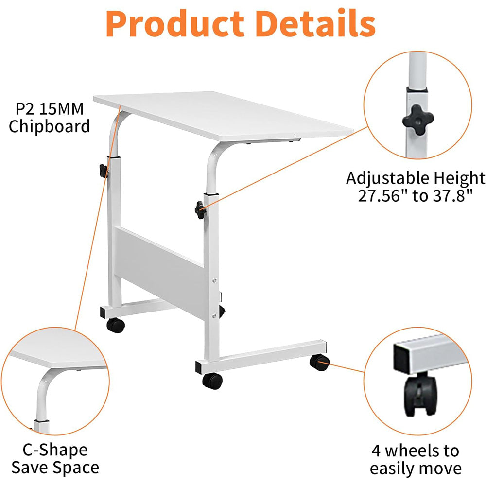 80cm Adjustable Tray Table Rolling Sofa Side Snack With Wheels