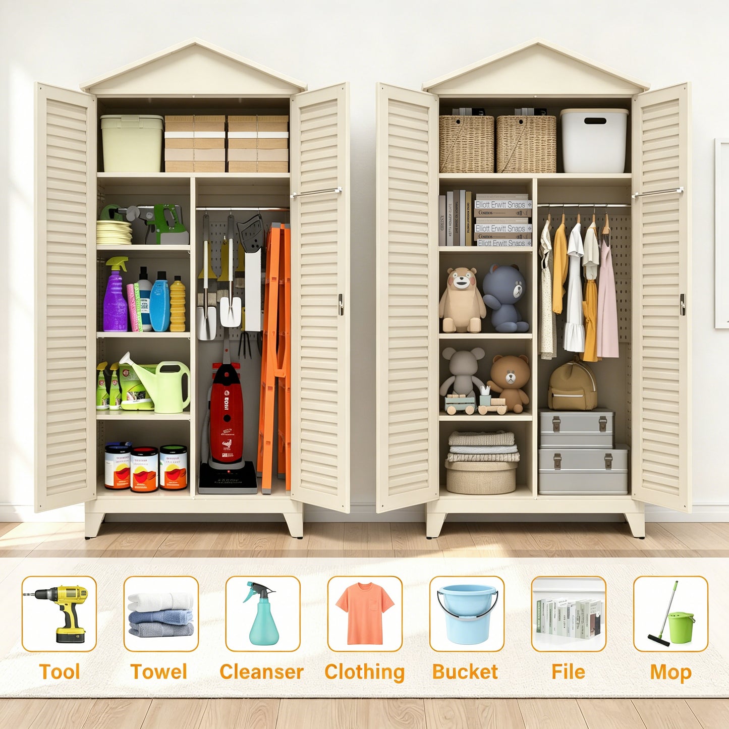 79-Inch Tall Metal Tool Storage Cabinet - Beige Steel Organizer
