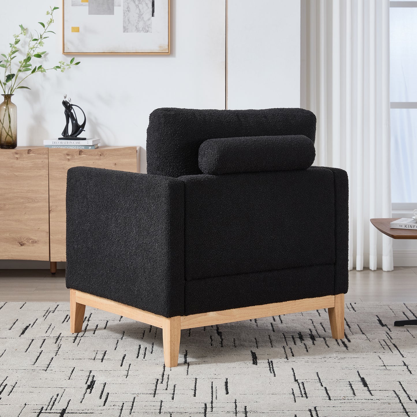 Modern Farmhouse Accent Chair with Natural Wood Legs - Black Boucle