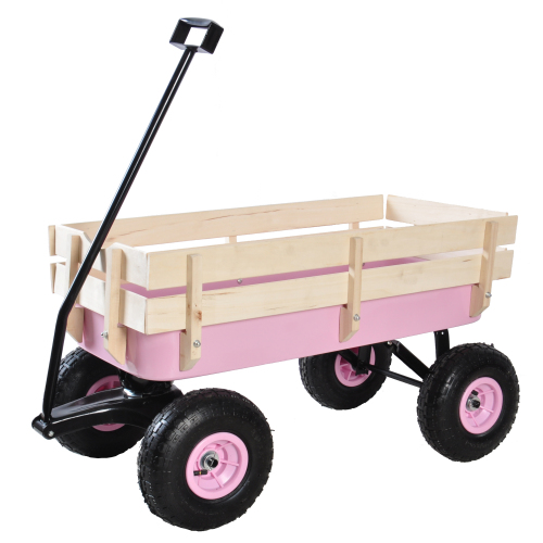 All Terrain Garden Wagon with Wood Railing and Air Tires for Outdoor Use