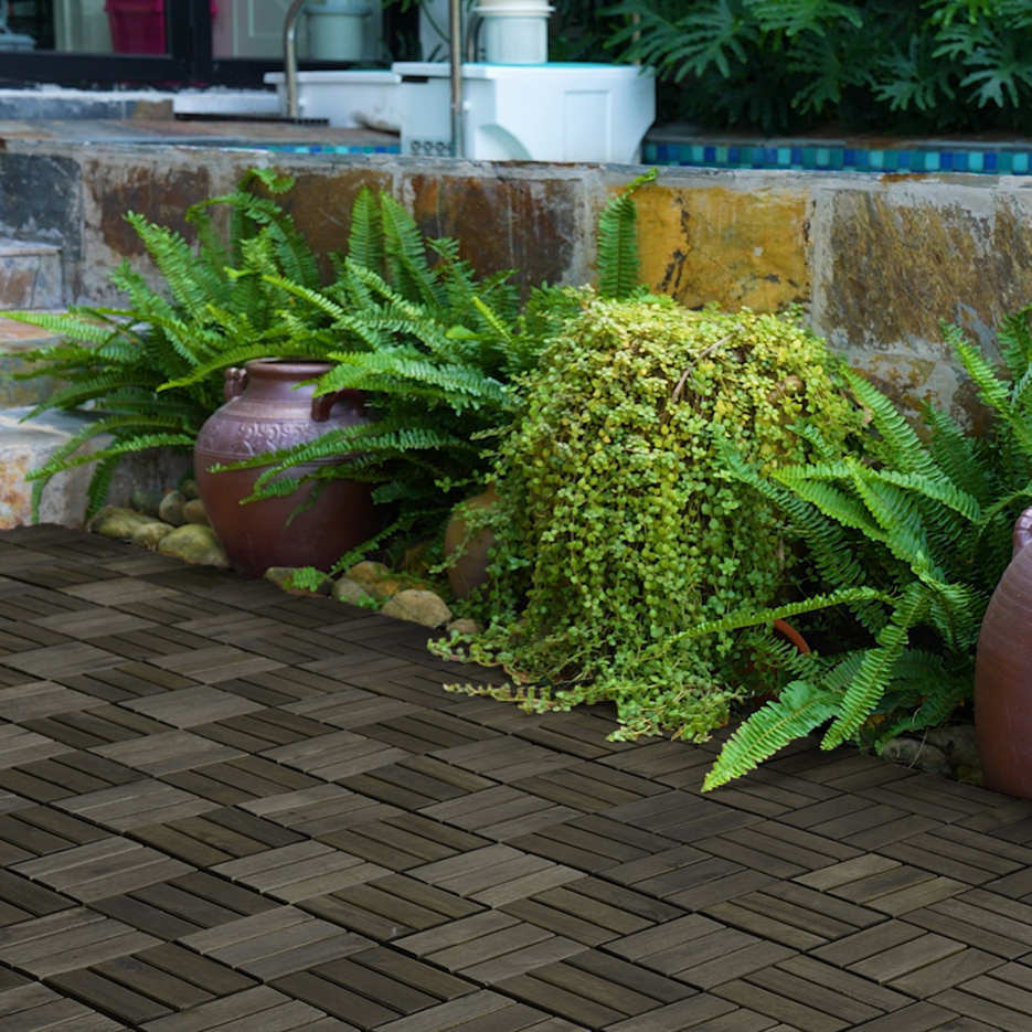 Outdoor Interlocking Deck Tiles - 10-Pack Acacia Wood Square Flooring for Patio & Poolside, Waterproof & Anti-Mildew, Dark Brown