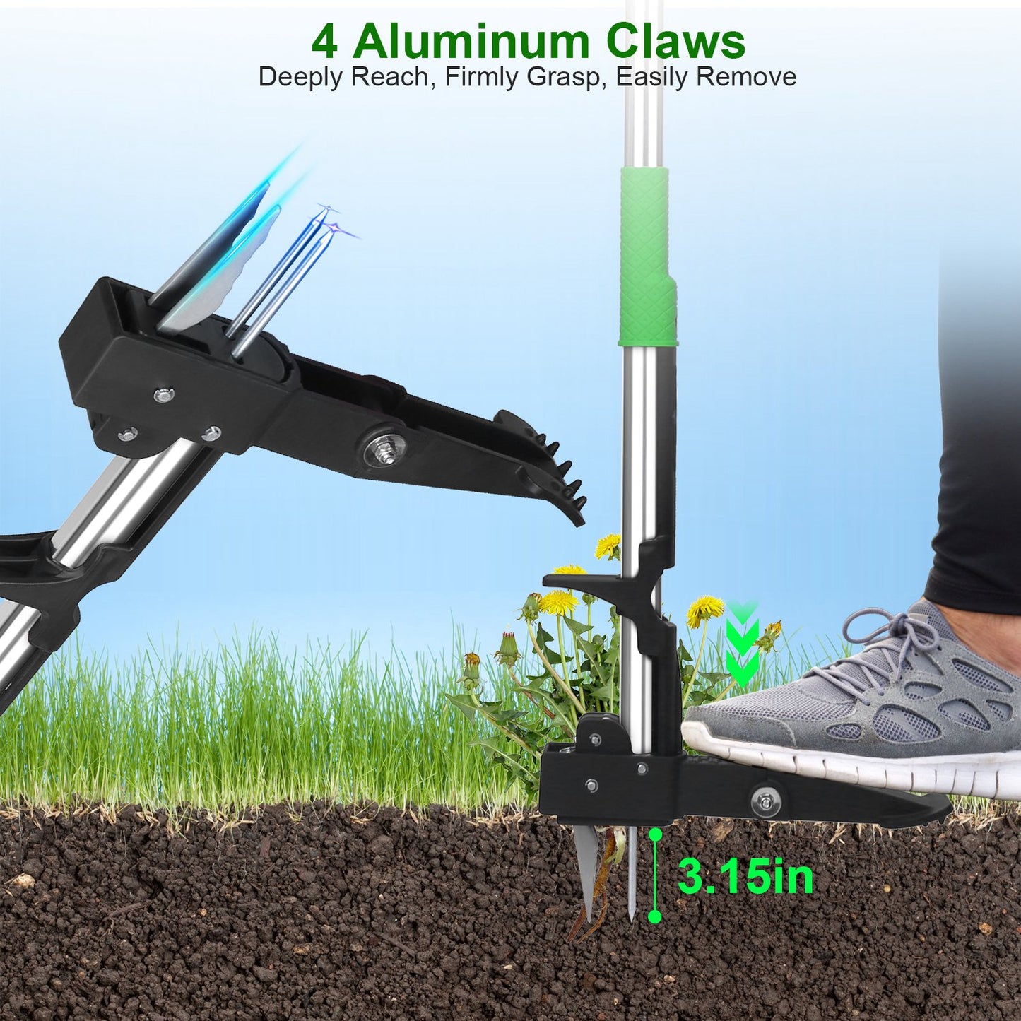 Standing Weed Puller Tool with 4 Claws - Garden Lawn Yard Weeder, Green