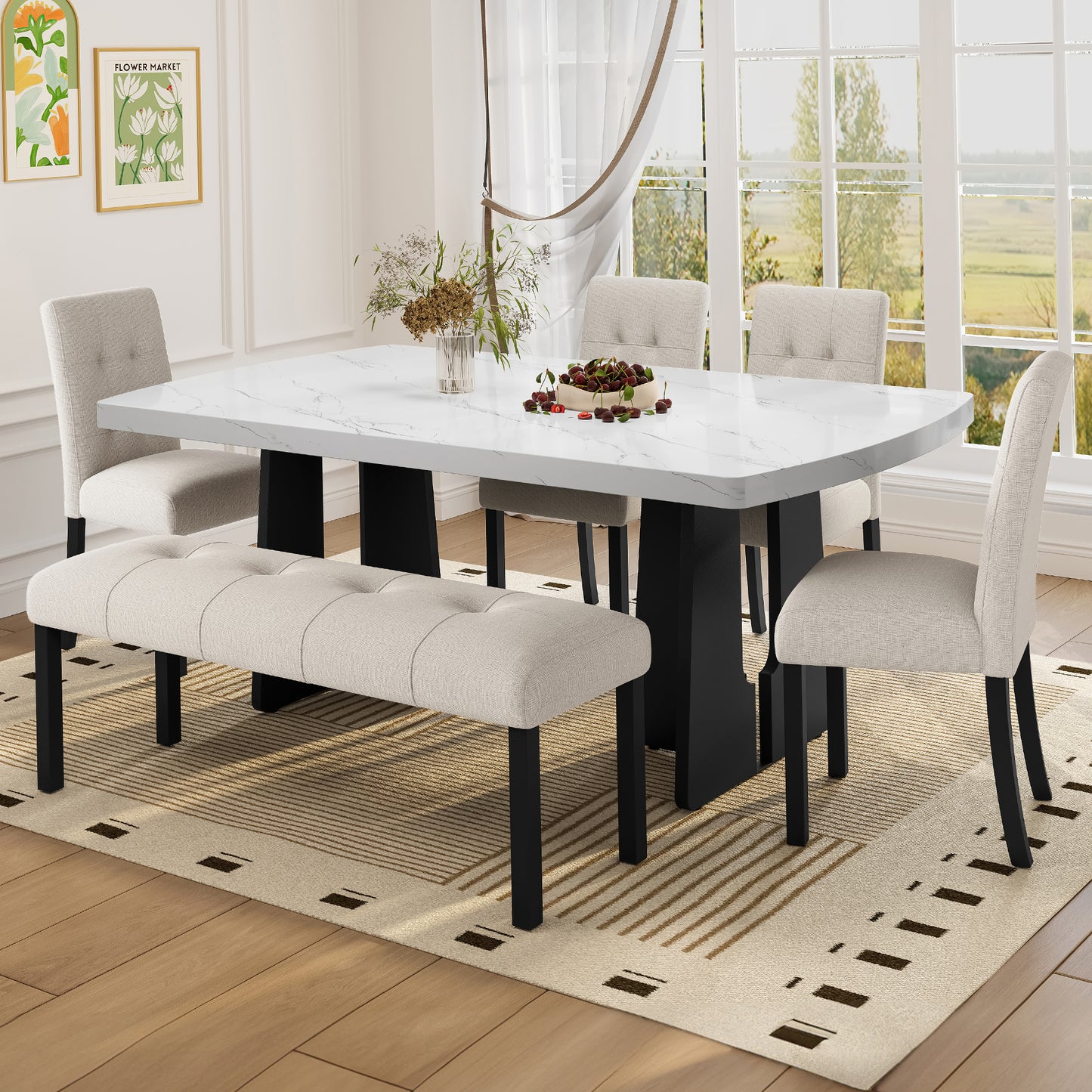 6 Piece Modern Dining Table Set, 63 Faux Marble With Geometric Legs &