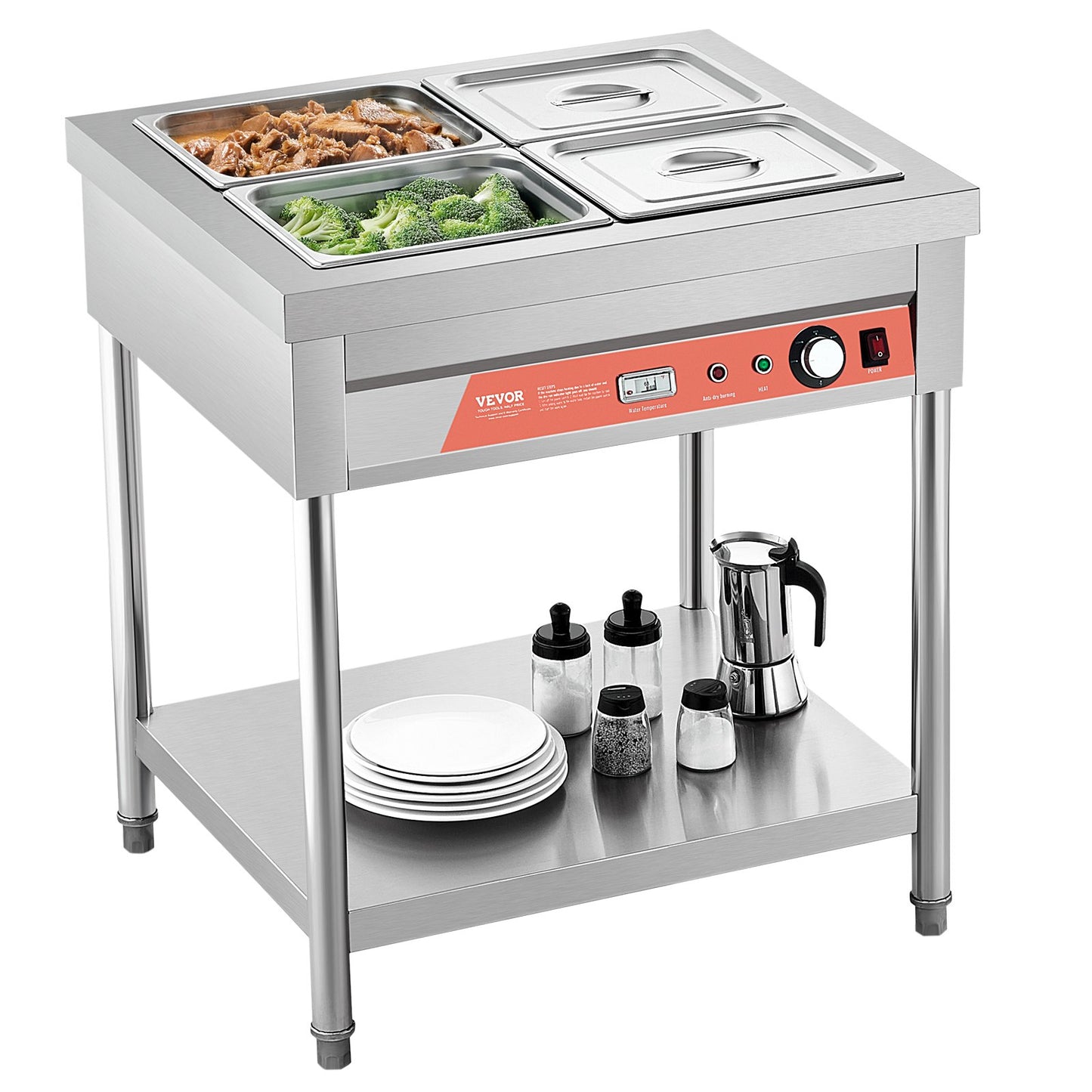 Commercial Electric Food Warmer with 4 Half-Size Pans & Undershelf - Silver