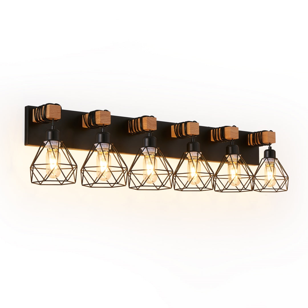 Modern 6-Light Vanity Light Fixture - Black Metal & Wood Accents