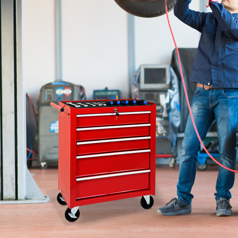 5-Drawer Rolling Tool Chest with Lock & Key - Red