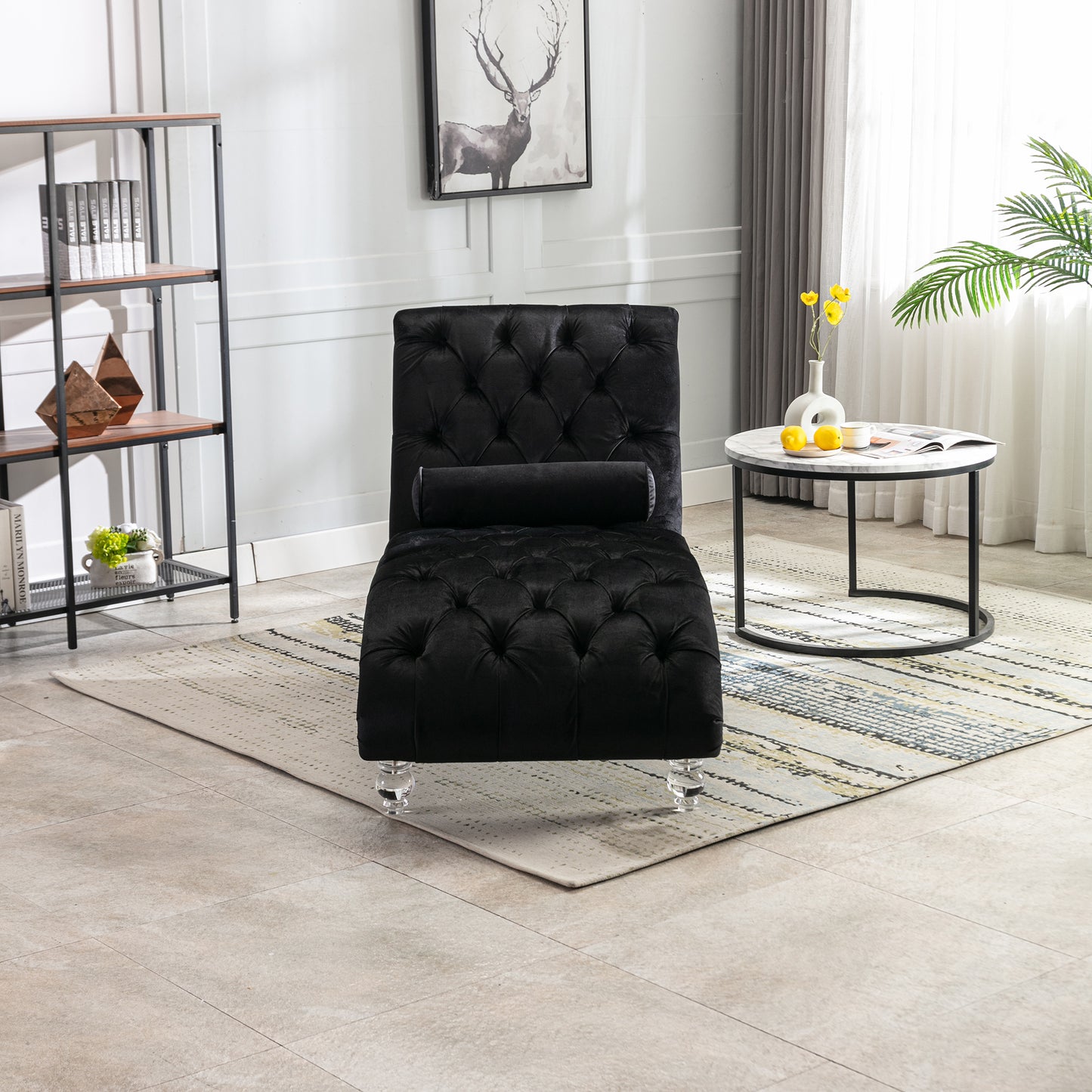 Velvet Chaise Lounge Chair - Button-Tufted with Pillow - Black