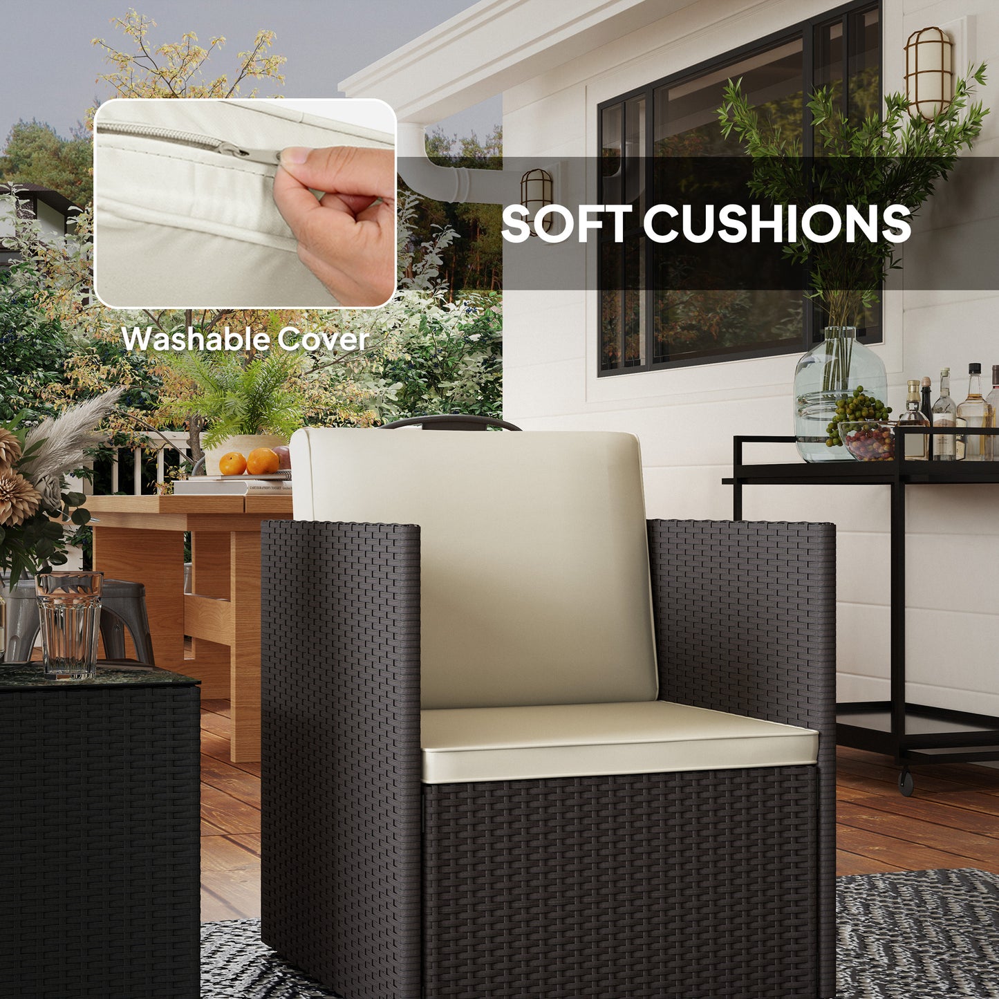 Folding Wicker Bistro Set - 3 Piece Patio Furniture with Cushions