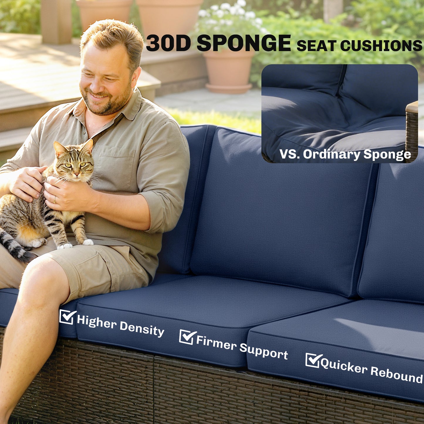 Outdoor 3-Seater Couch Sofa with Thick Cushions - Dark Blue