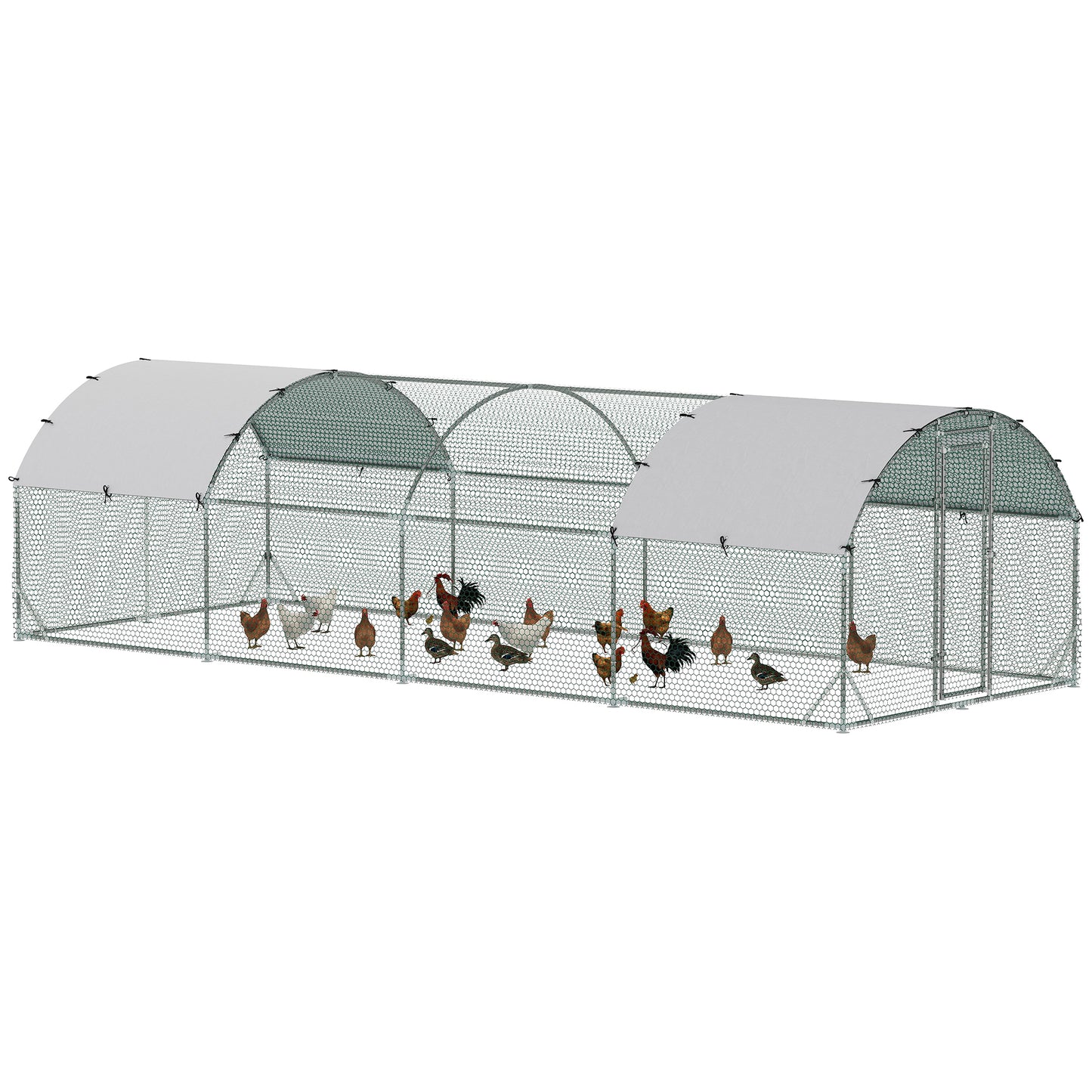 Large Metal Chicken Coop with Waterproof Cover - Outdoor Animal House, 9.2x24.9x6.5 ft, Silver