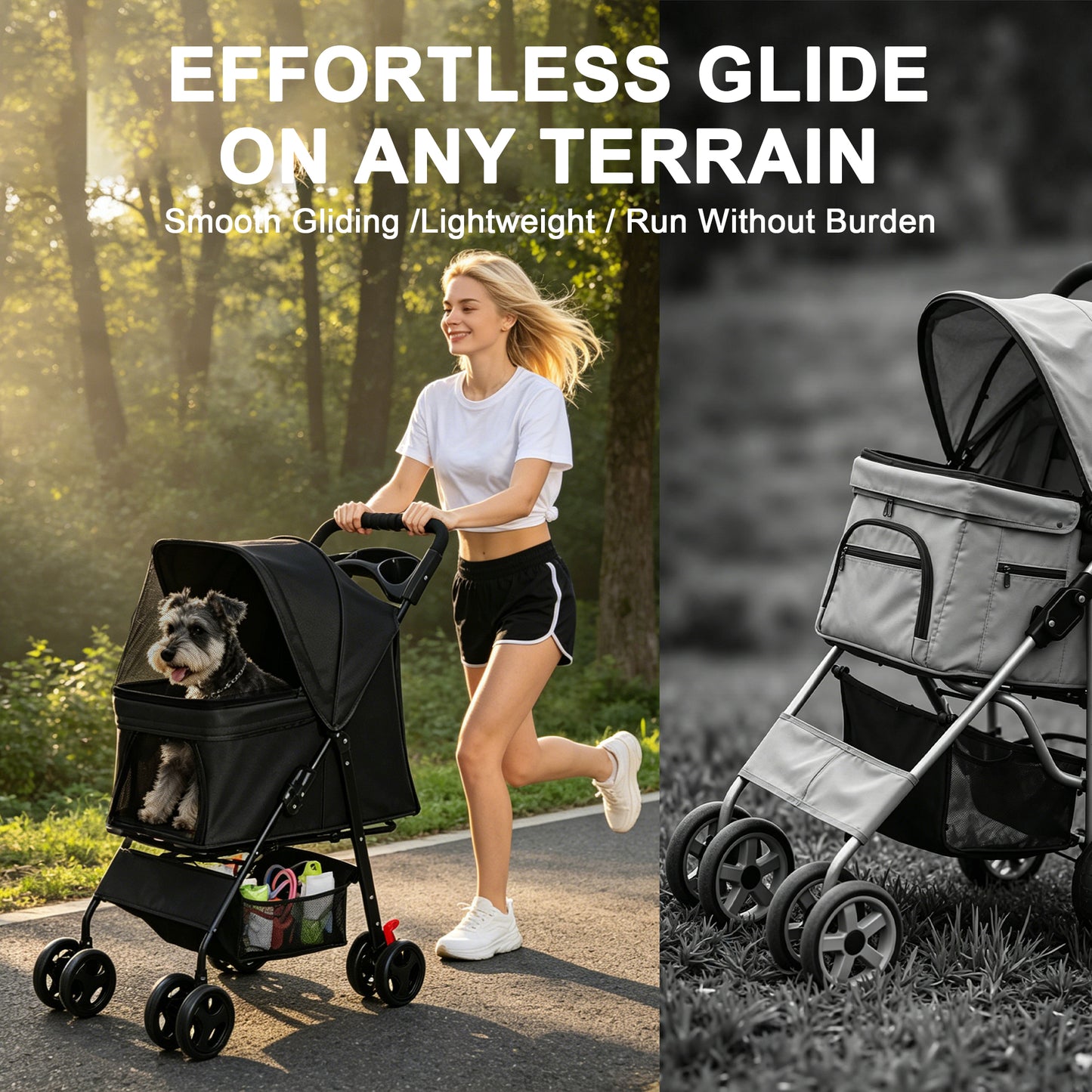 Foldable Pet Stroller for Small Dogs and Cats - Black, 28 lbs Capacity with Safety Leashes & Mesh