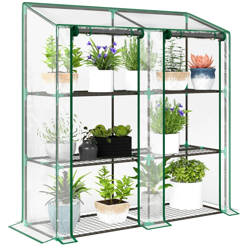 Portable Lean-To Greenhouse with 3 Tier Shelves and Zipper Doors - Clear