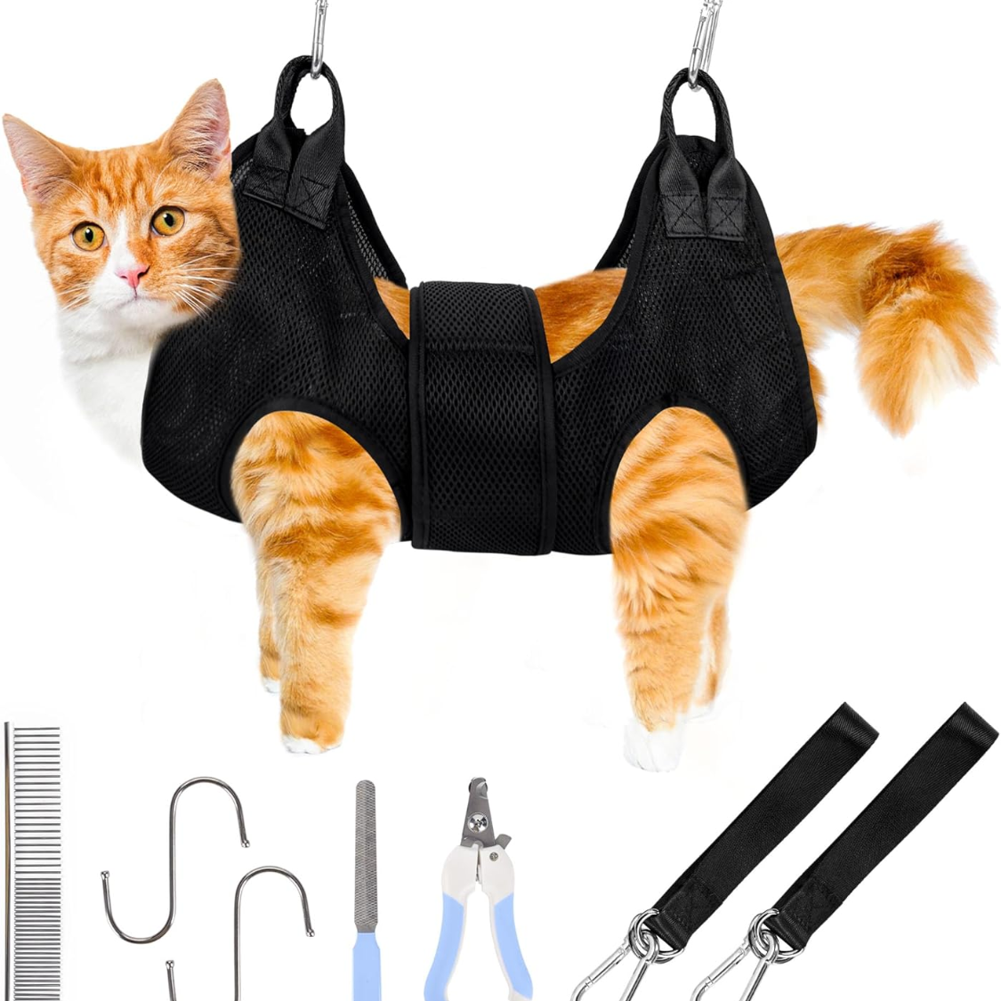 Pet Nail Polishers Kit with Grooming Hammock for Small Cats and Dogs - Includes Clippers & Trimmer