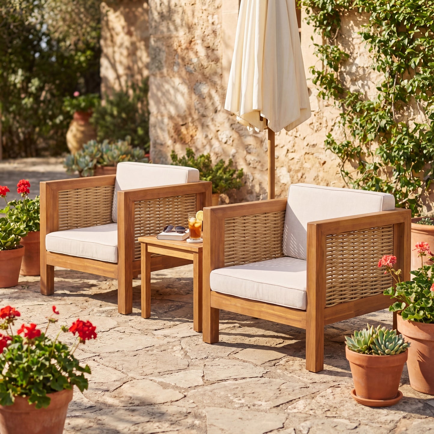 Outdoor Club Chair Set of 2 - Acacia Wood Frame & Beige Cushions