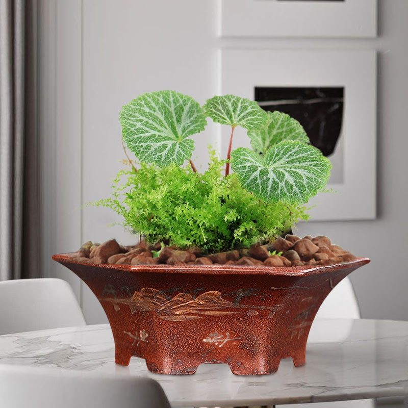 Purple Clay Flowerpot with Chinese Style Design Small Round & Square Options