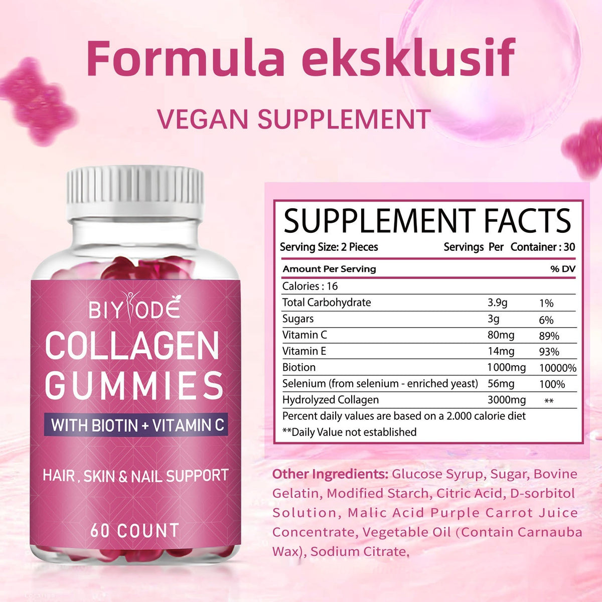Biotin Collagen Whitening Gummy Bears - 60 Capsules