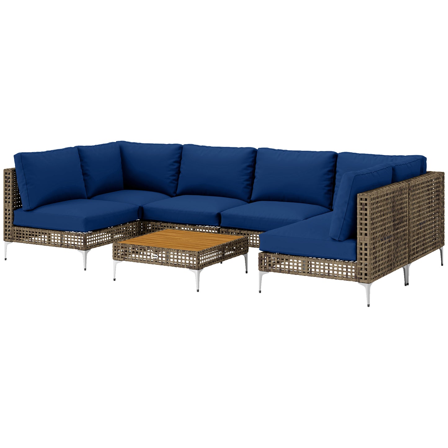 7-Piece Modular Wicker Patio Furniture Set with Cushions - Brown/Blue