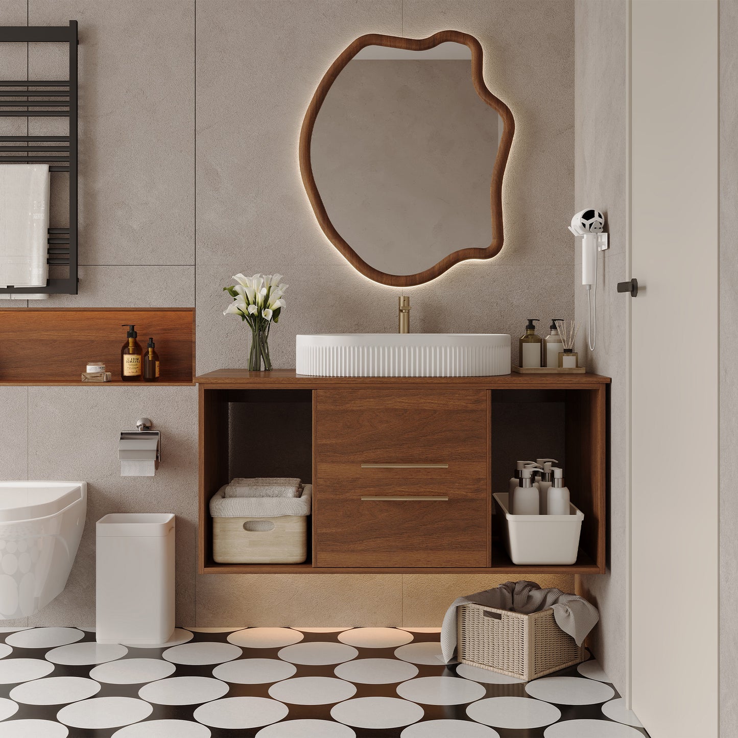 39.4" Wall-Mounted Bathroom Vanity with Oval Sink - White & Walnut