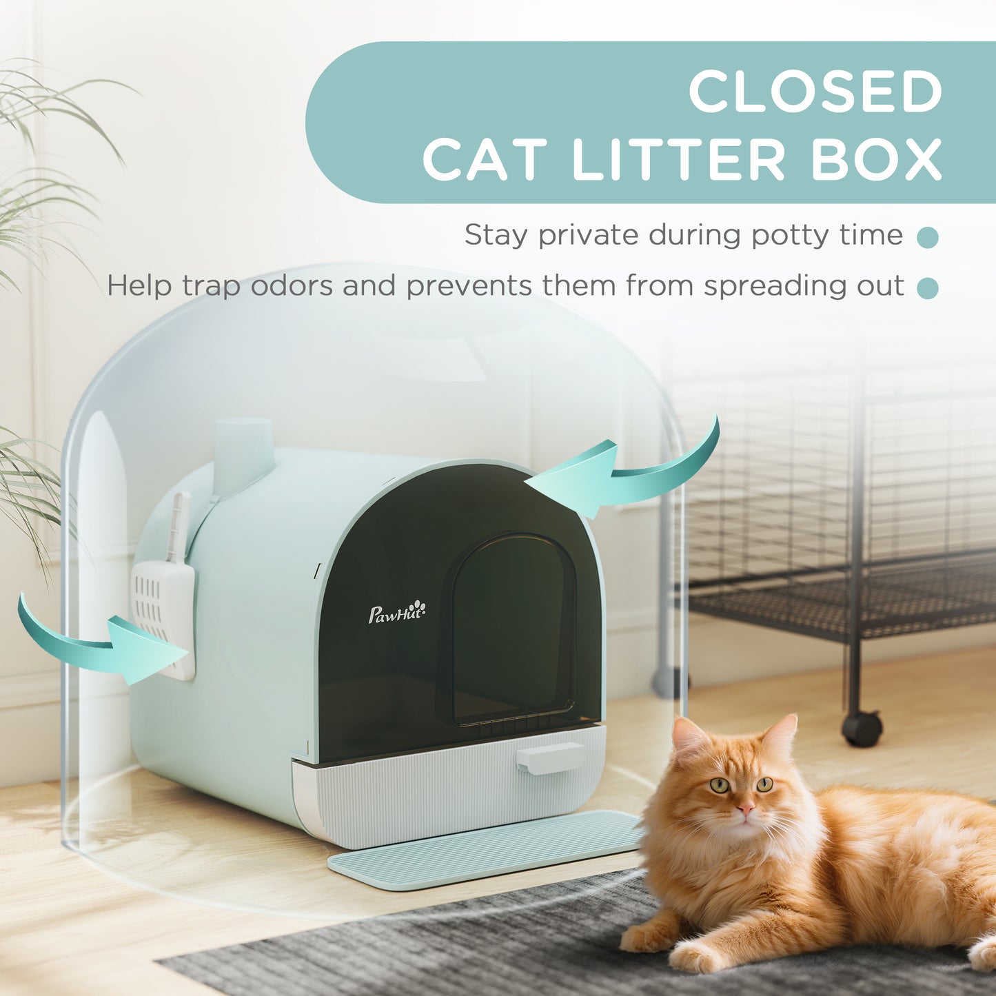 Enclosed Cat Litter Box with Lid, Drawer, Scoop & Mat - Green, 475x455x460 mm