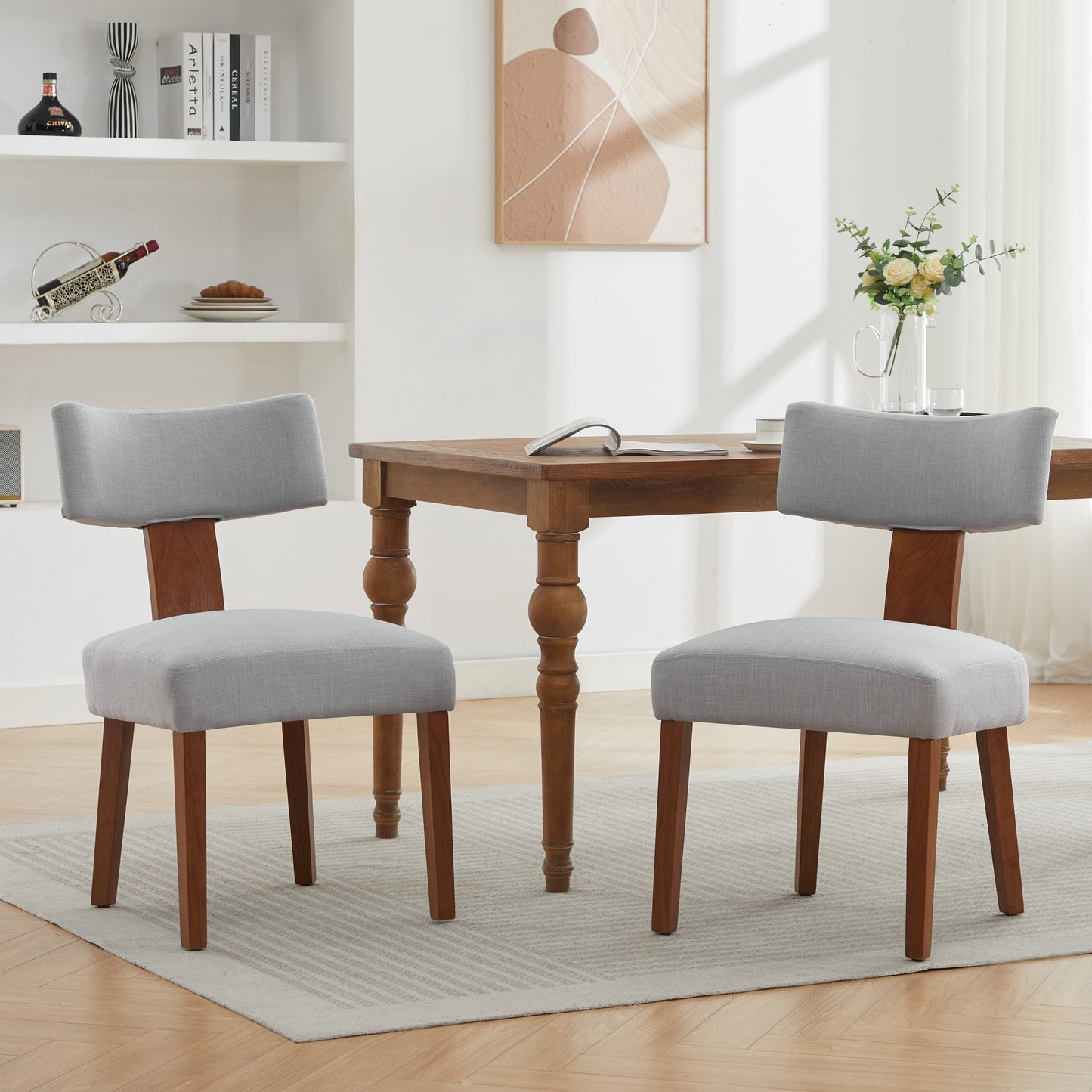 Set of 2 Gray Linen Modern Dining Chairs with Curved Backrest