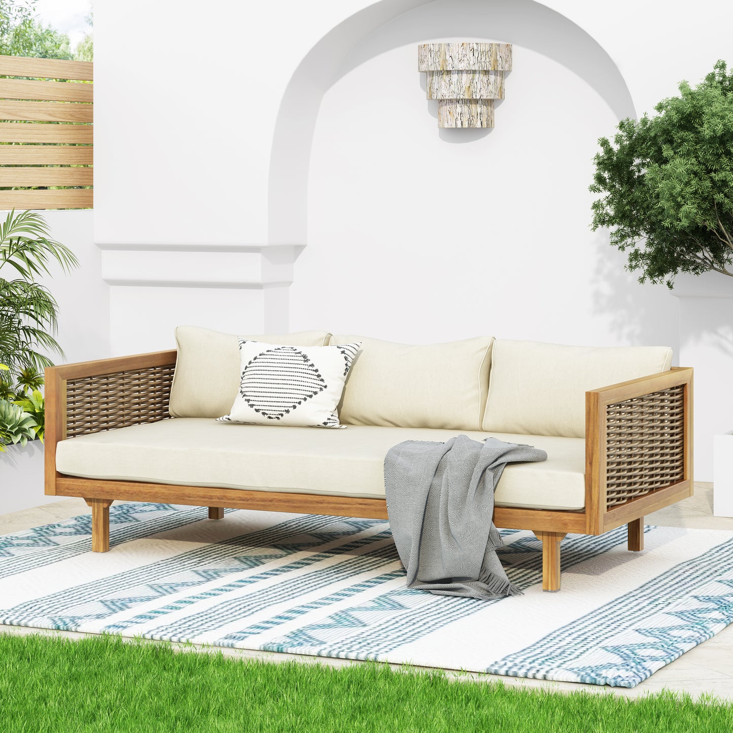 CLAREMONT 3 SEATER DAYBED WITH RATTAN ARMS BEIGE CUSHION
