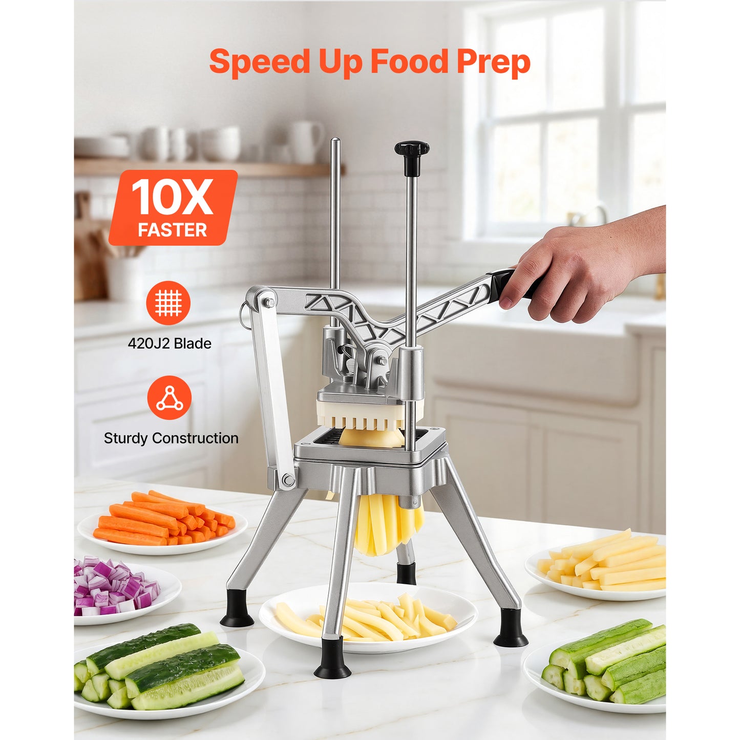 French Fry Cutter with 1/2 Inch Blade - Commercial Vegetable Chopper for Thick Fries, Onion, Carrots, Bell Peppers