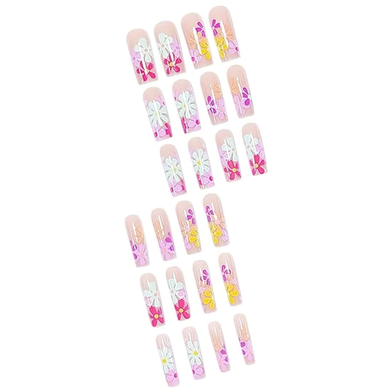 24-Piece Long Square Press-On Nails with Floral Art Design