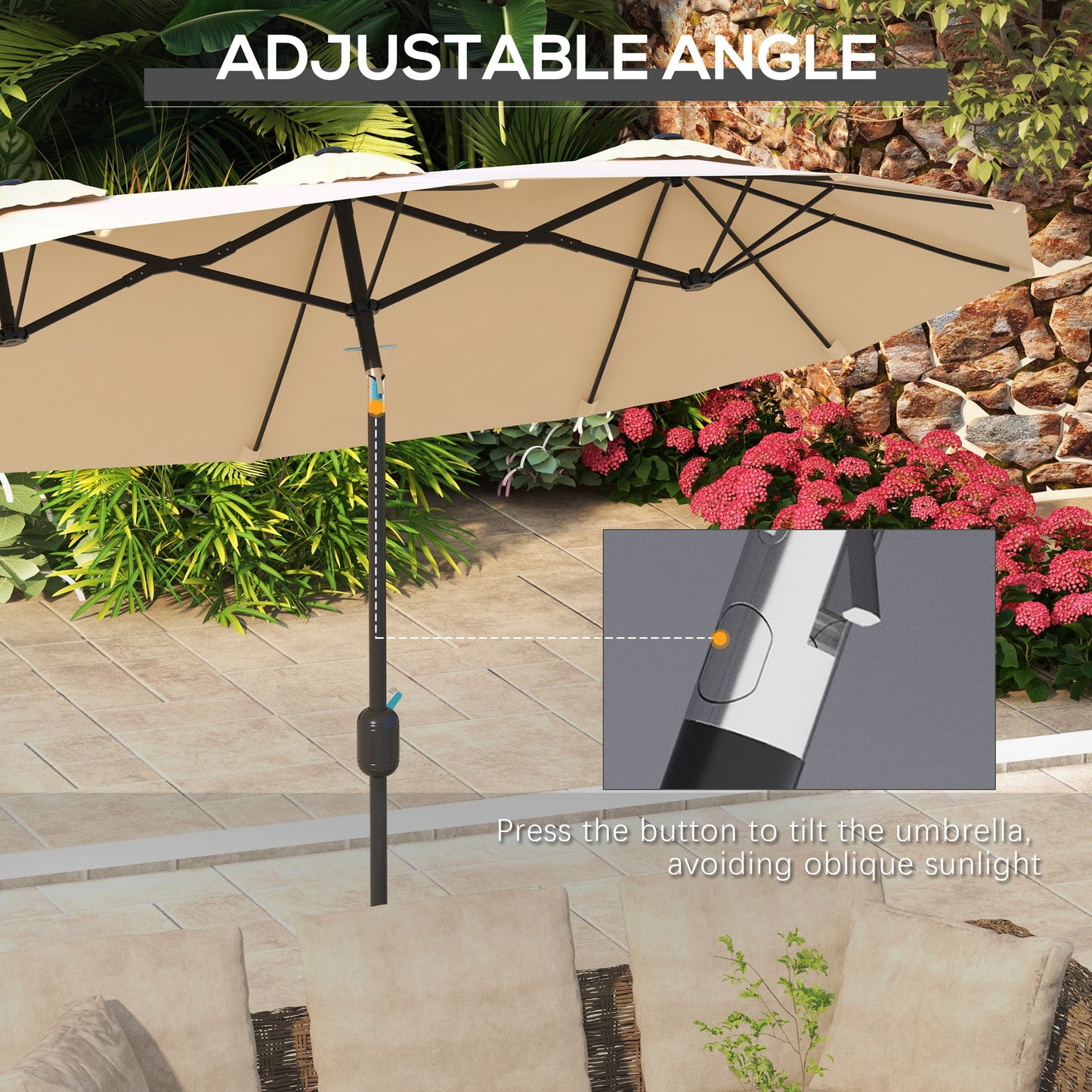 Large Double-Sided Patio Umbrella with Tilt & Crank - Brown
