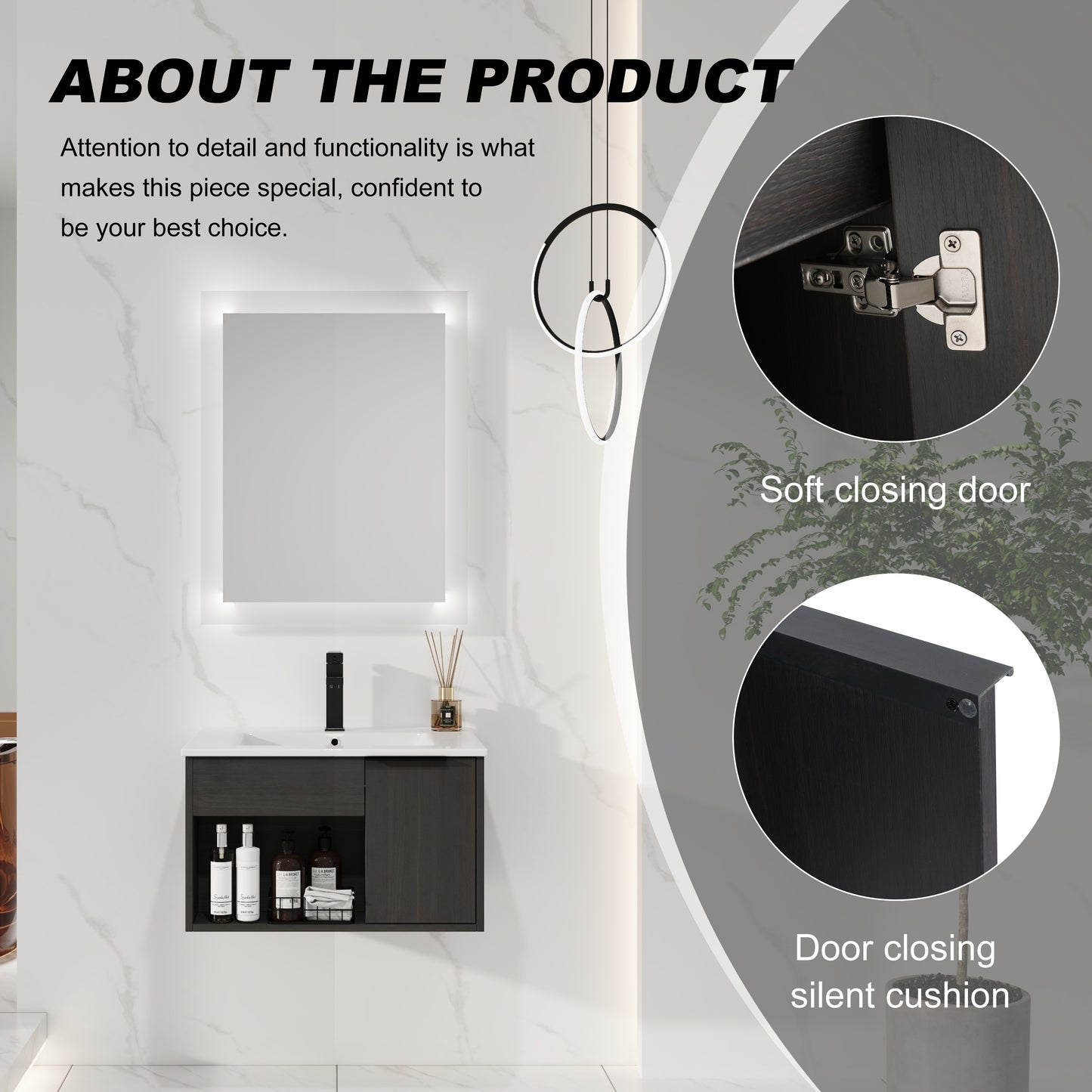 24" Wall-Mounted Bathroom Vanity with Ceramic Sink - Dark Oak
