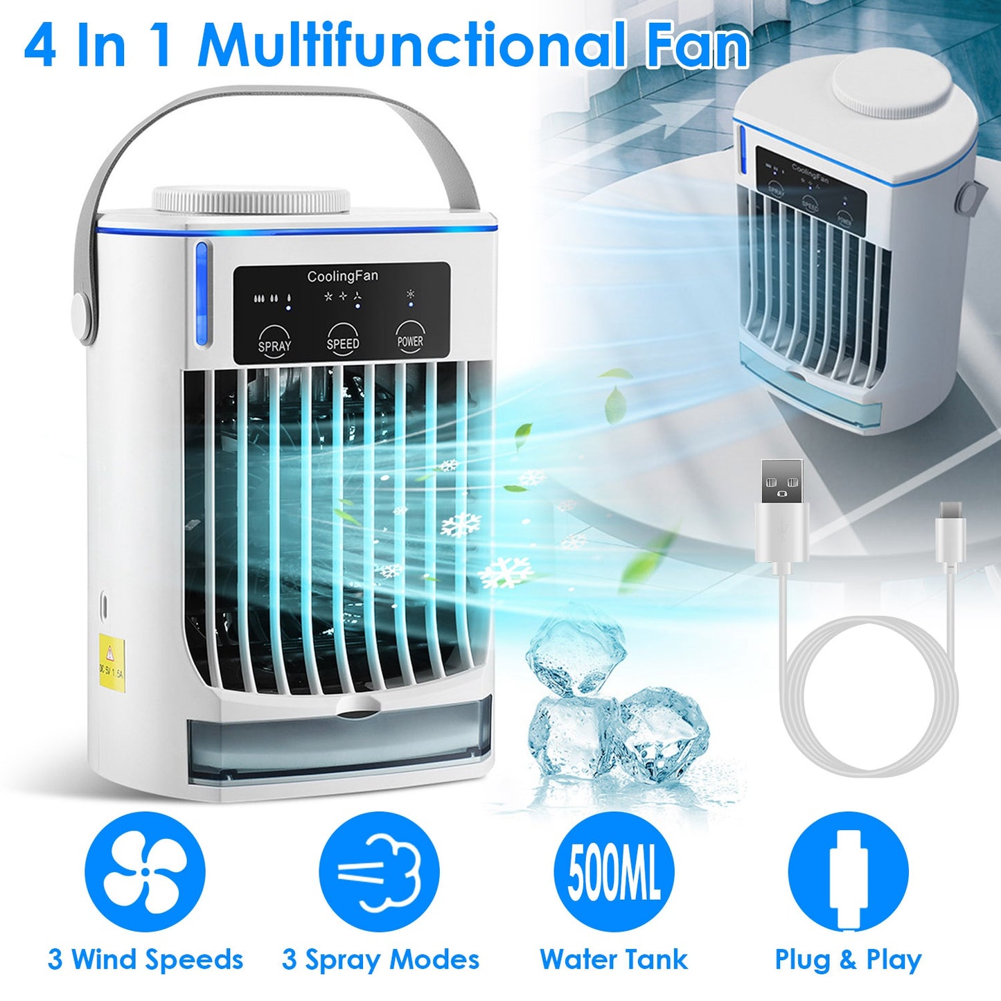 Portable Air Conditioner Fan with Humidifier & Night Light - White