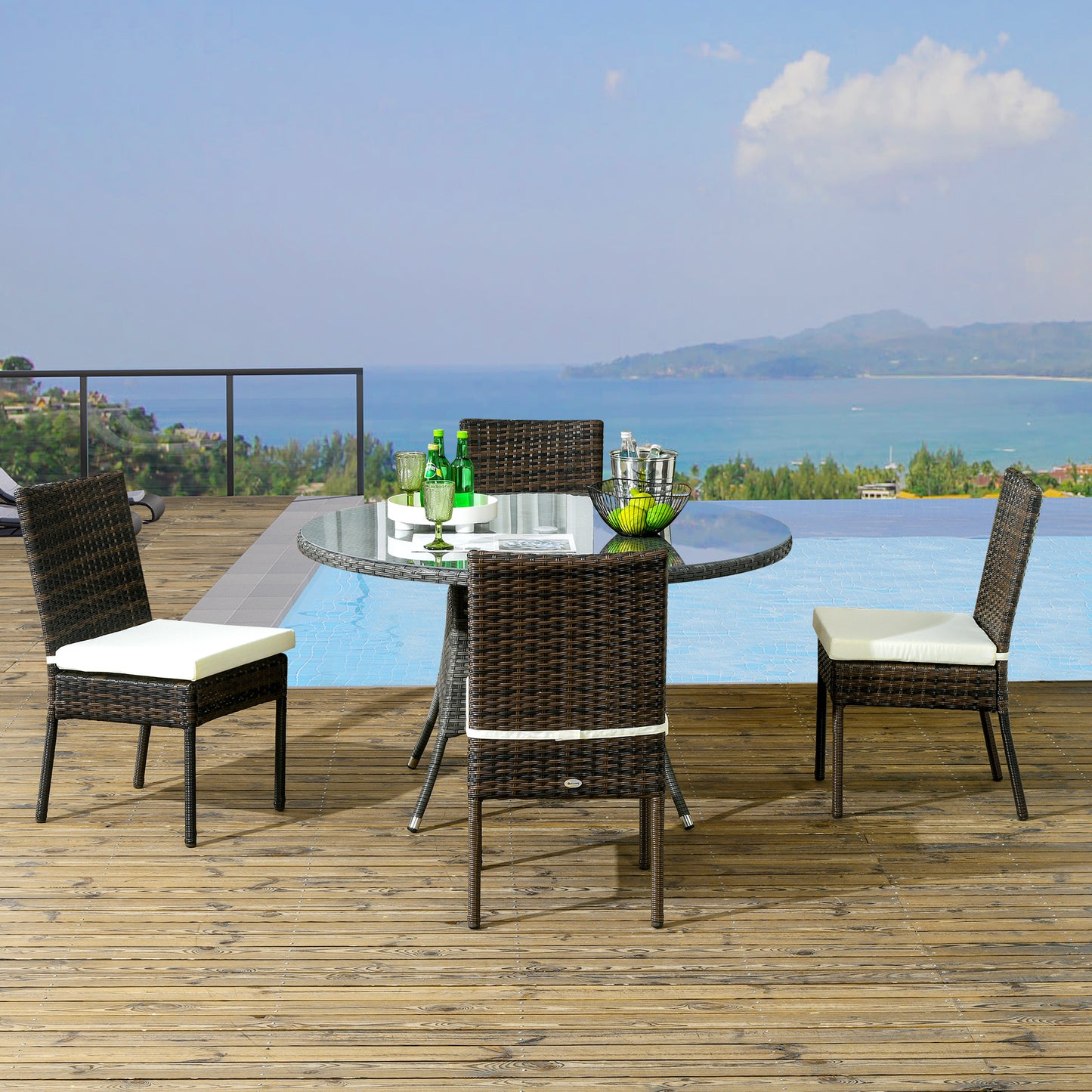 4-Piece Brown Rattan Outdoor Dining Chairs Set with Cushions