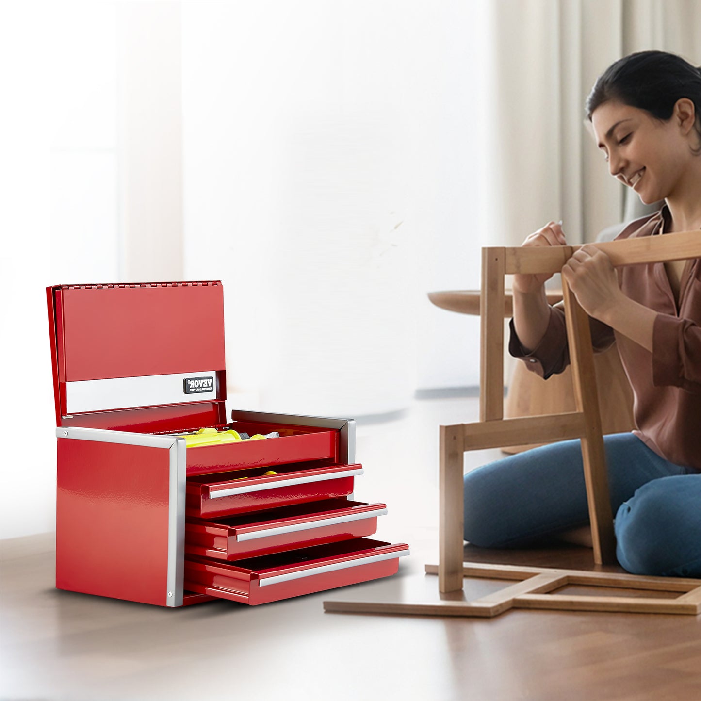 8.6-Inch Portable Metal Tool Box with 3 Drawers and Locking Lid