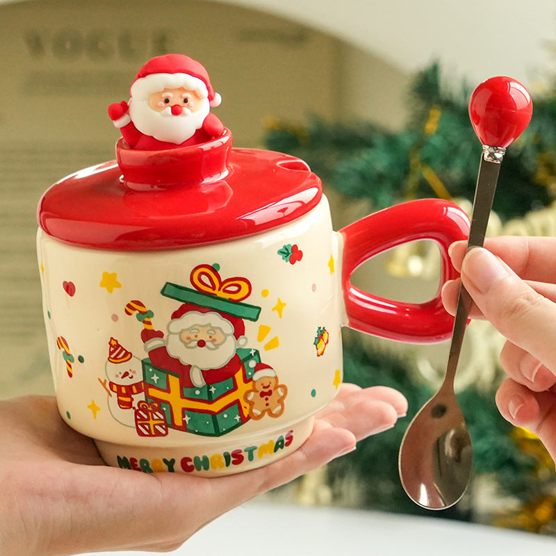 Christmas Ceramic Mug with Lid - Cartoon Holiday Drinkware, 301-400ml