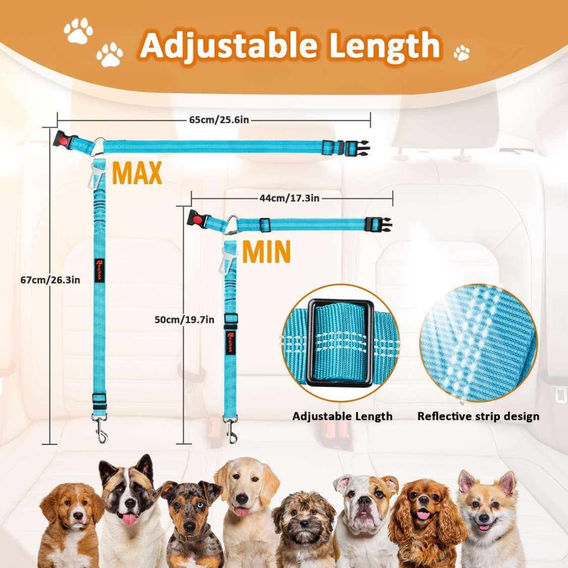 Removable Dog Seat Belt Harness for Car - 3-in-1 Pet Safety Leash & Restraint, Reflective Nylon, Blue