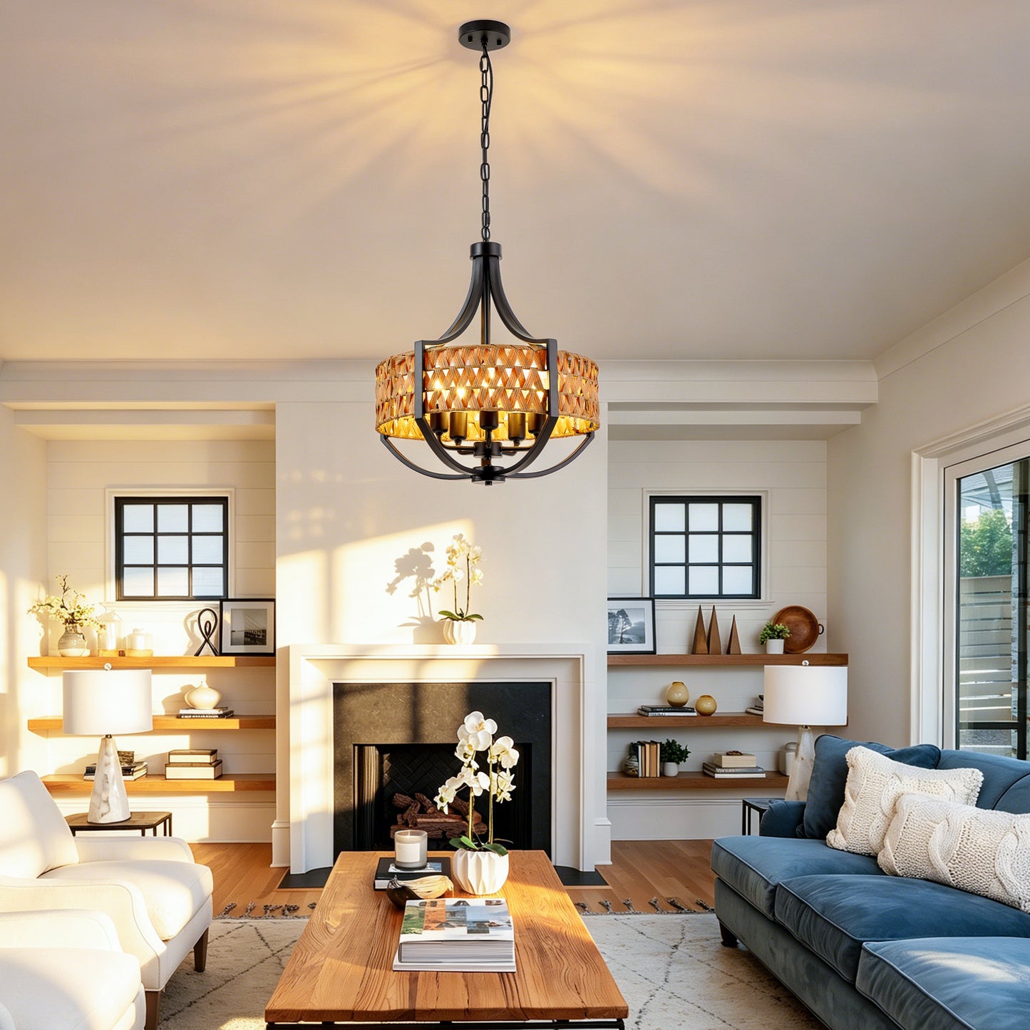 19.7-Inch Black Rattan Pendant Light with 5 LED Spotlights - Farmhouse Ceiling Chandelier for Dining & Living Rooms