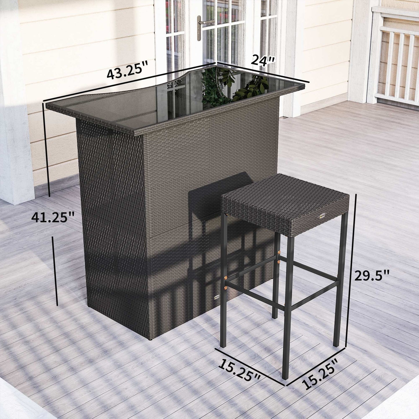 5-Piece Rattan Wicker Bar Set with Glass Table & 4 Stools - Dark Brown