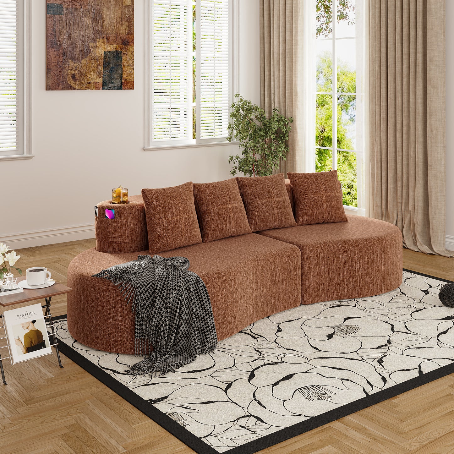 Modern Curved 3-Seat Half-Moon Sofa in Orange - Minimalist Design