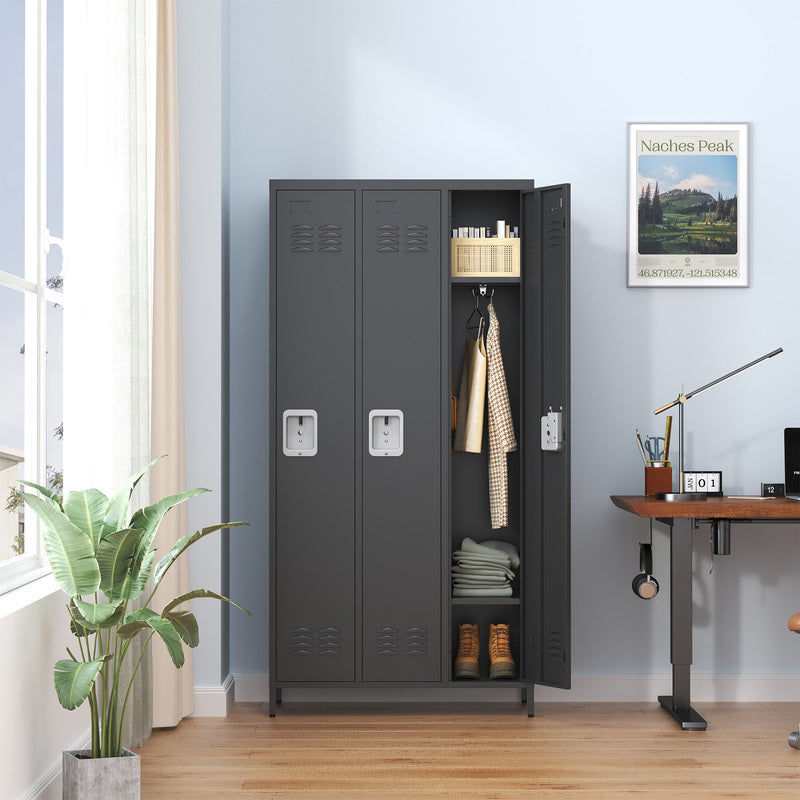 3-Door Metal Storage Locker with Locks - Gray & Black