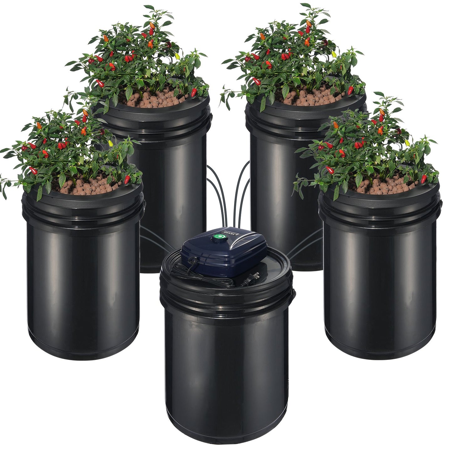 Hydroponic Recirculating Deep Water Culture System with 4 Buckets - 5 Gallon, Black