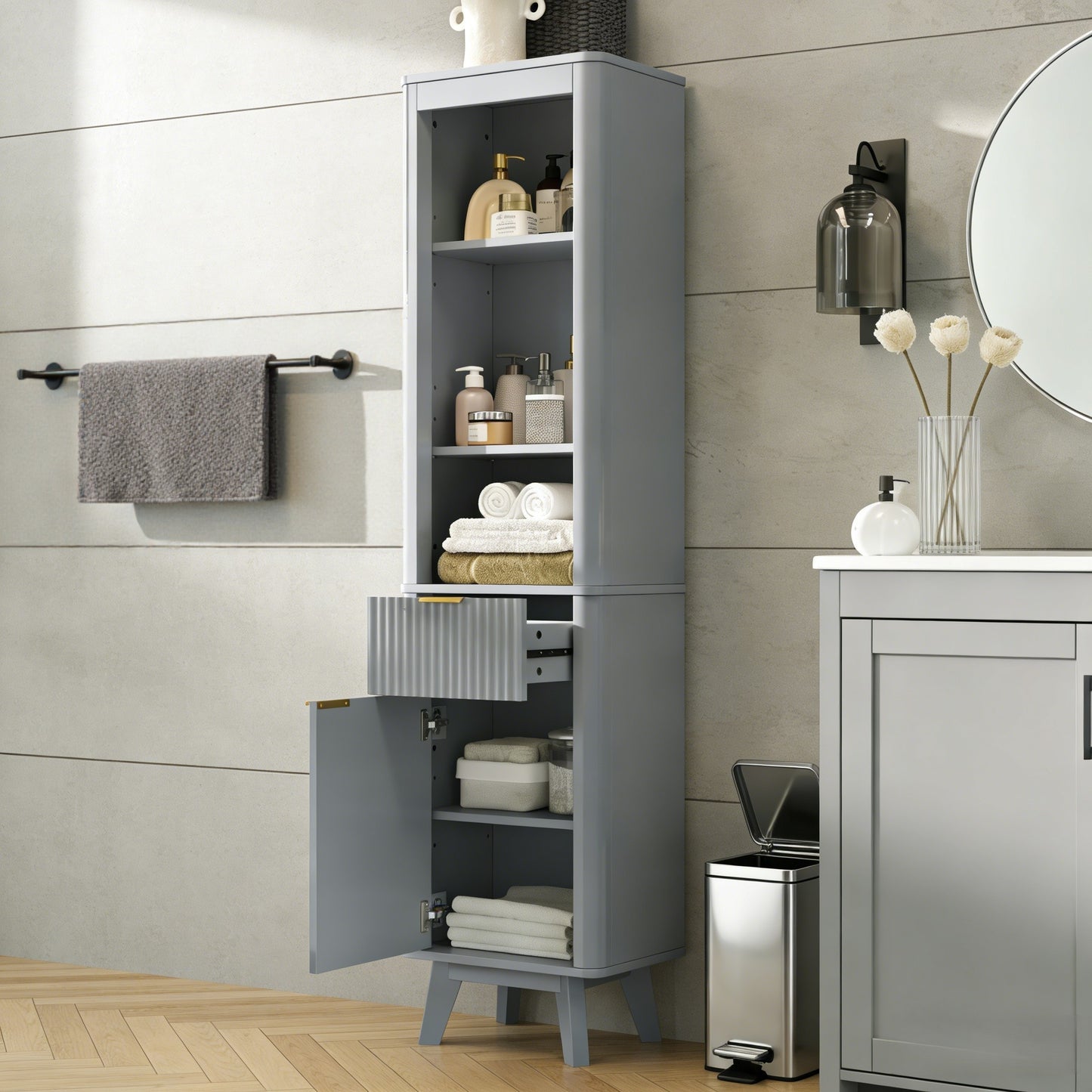 68" Tall Bathroom Storage Cabinet with Adjustable Shelves - Gray