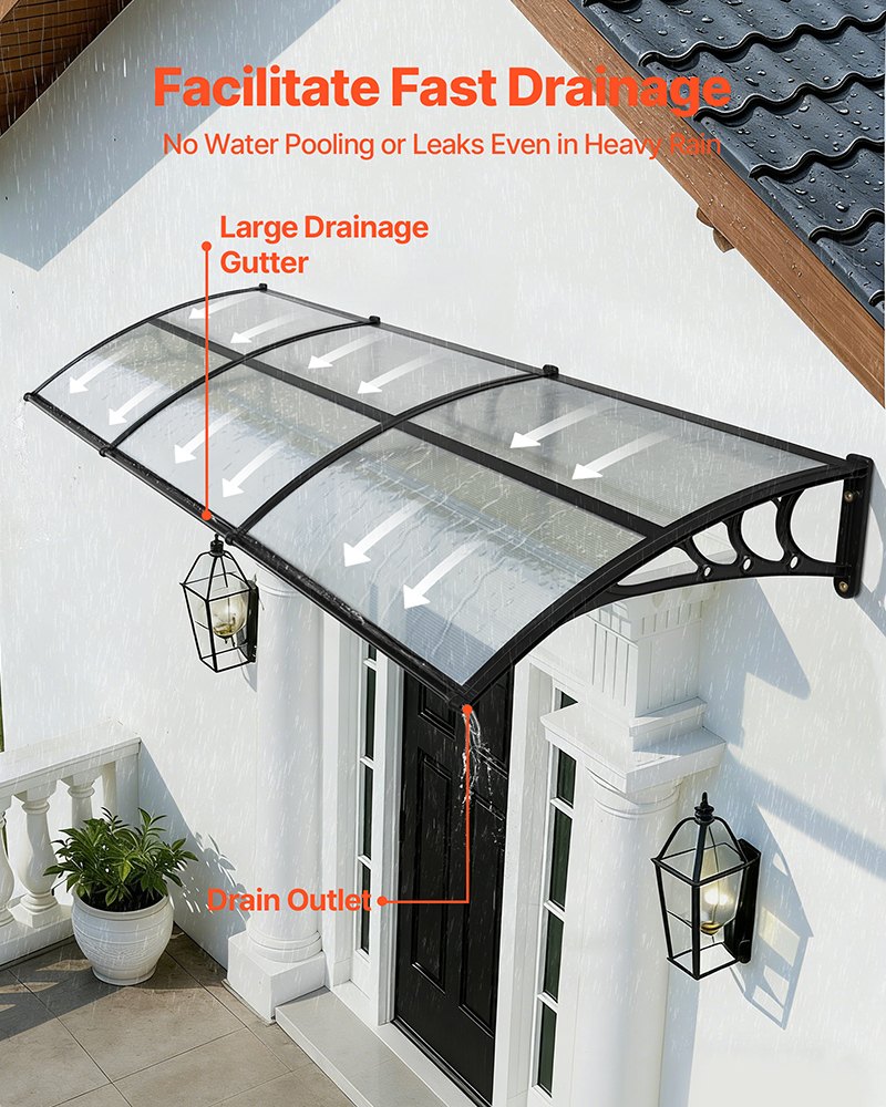 Clear Polycarbonate Door Awning 38x117 Inches with Drainage & ABS Brackets for Exterior Porch Patio