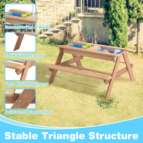 3-in-1 Kids Outdoor Wooden Picnic Table with Umbrella & Sand/Water Kettle