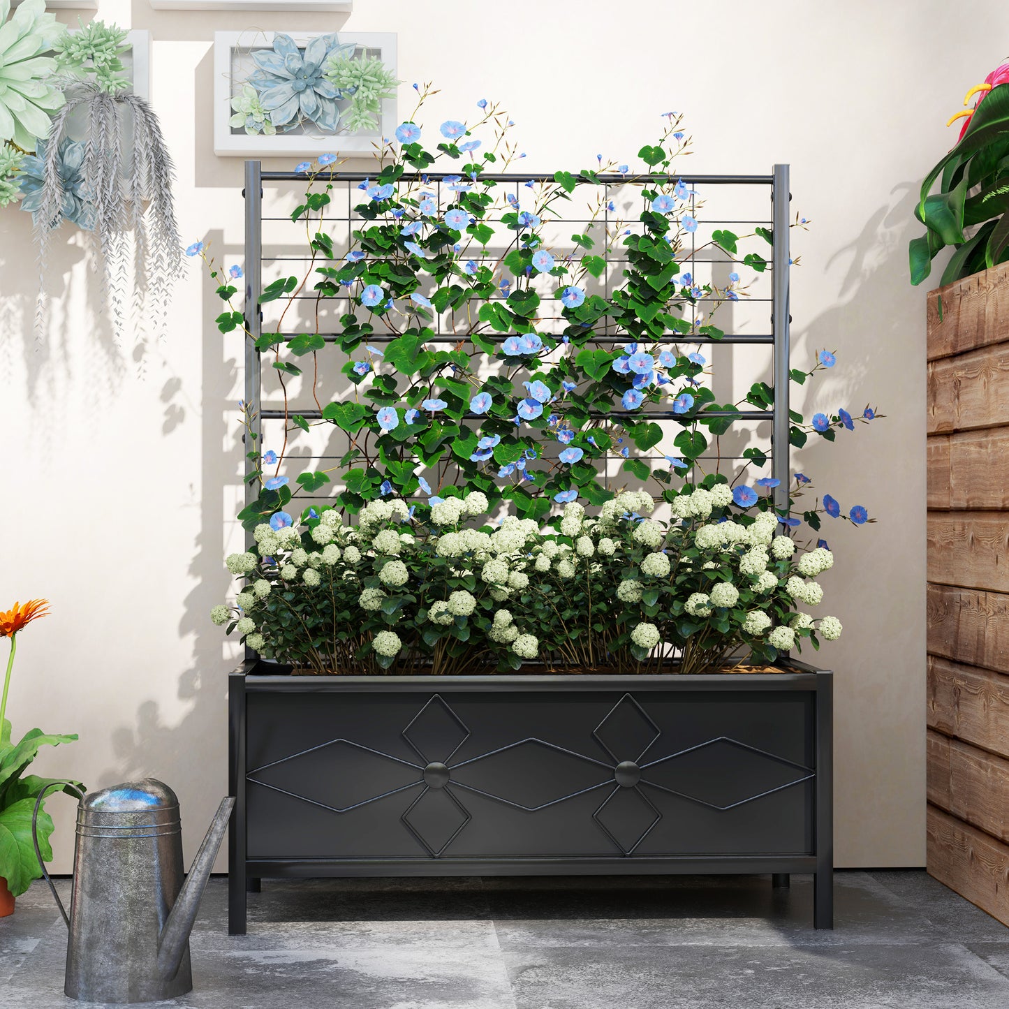 Galvanized Raised Garden Bed with Trellis - Outdoor Plant Container 35.4 x 15.7 x 47.2 Inches