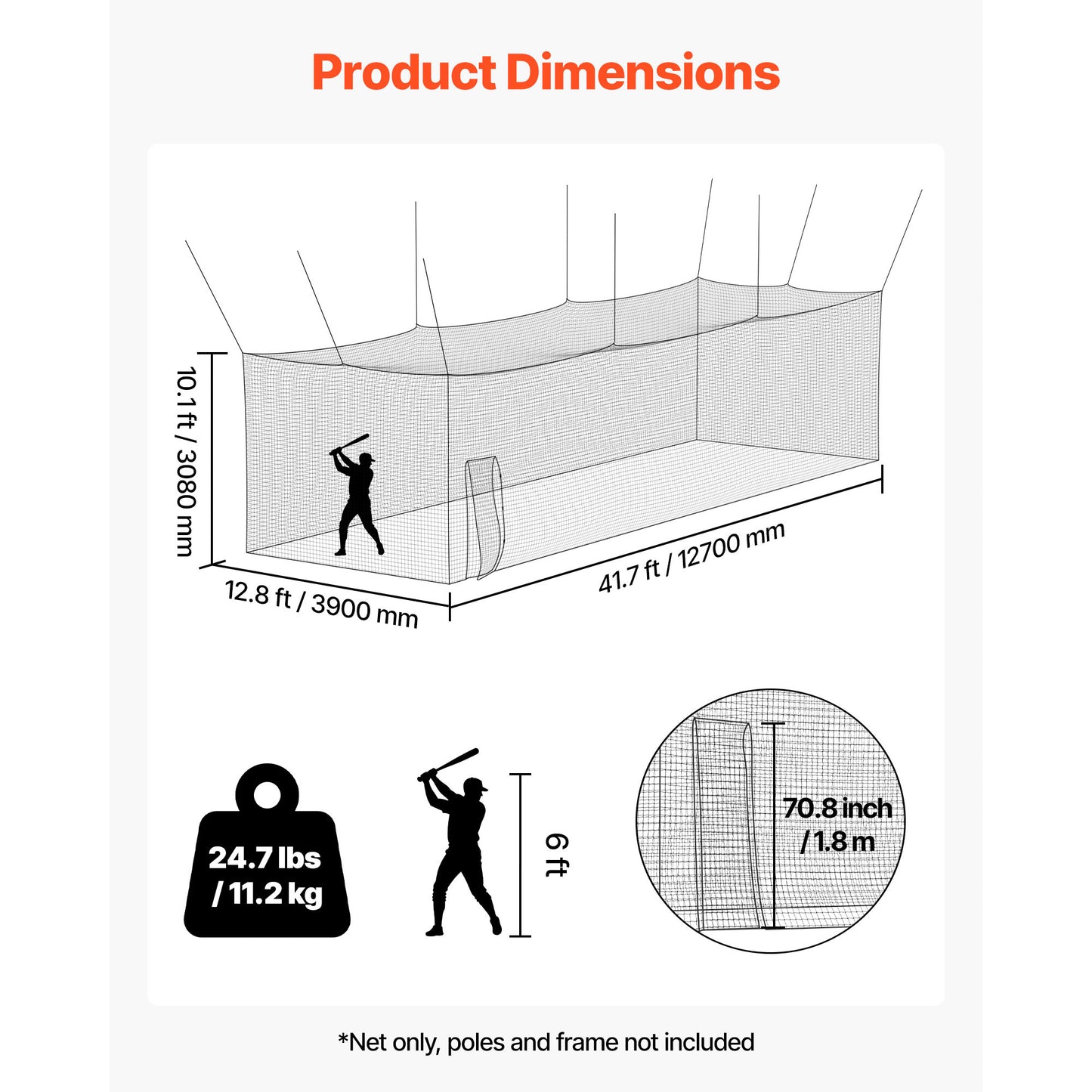 Portable Baseball Batting Cage 41.7x12.8x10.1 FT Freestanding Hitting Net for Indoor Outdoor